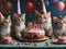 Multitude of cats gathered for a festive party, complete with cake, balloons, and celebration.