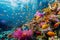 A multitude of fish swim together in a bustling display, navigating the vibrant coral reef environment, A vibrant coral reef full