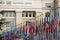 Multitude of flagpoles at the United Nations palace in Geneva. Close up shot, no people