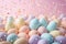 A multitude pile of pastel Easter eggs sprinkled with glitter under a soft, celebratory confetti glow. Perfect for