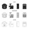 Multivarka, refrigerator, meat grinder, gas stove.Household set collection icons in black,monochrome,outline style