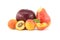 Multivitamin and juicy rich fruits over white background