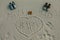 Mum, dad and baby written on the sand of the beach
