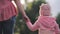 Mum holding daughter`s hand going across grass Backlight bright sun shining at family on the dandelion field. Mother and