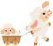 Mum sheep pulling wooden small cart with baby lamb