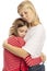 Mum with a teenager daughter hugging, white background
