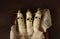 Mummies made of banana and white bandage with eyes on a wooden box