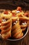 Mummy sausages scary halloween party food decoration wrapped in