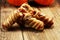 Mummy sausages scary halloween party food decoration wrapped in