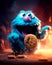 Munching Moments: Blue Fluffy Monster and Tasty Cookie