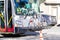 Muni bus with bike rack along Lombard road, San Francisco California USA, March 31, 2020