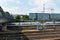 MUNICH, Germany - May 10, 2018: Munich Railway Station with Trains, Bridge and Buildings