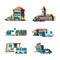 Municipal buildings. City cars near facade of buildings fire station post office police bank public vector illustrations