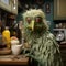 Muppet metaphorical green color chicken, making something in kitchen