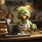 Muppet metaphorical green color chicken, making something in kitchen