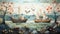 A mural of boats and birds