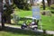 Murcia, Spain, August 25, 2019: Sportman riding a golf cart in the goulf course