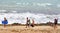 Murcia, Spain, August 29, 2019: People having fun at the seashore in summer