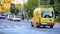 Murcia, Spain, January 20, 2019: Yellow ambulance van on a hurry in Murcia city about to skip a red traffic light