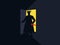 The murderer with the knife behind the door, the light from the open door. Nightmare. Halloween. Armed man retro poster. Vector
