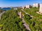 Murmansk, Russia - July 1, 2019: Aerial view memorial Lighthouse, church and anchor monuments, Panorama northern city