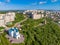 Murmansk, Russia - July 1, 2019: Aerial view memorial Lighthouse, church and anchor monuments, Panorama northern city