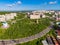 Murmansk, Russia - July 1, 2019: Aerial view memorial Lighthouse, church and anchor monuments, Panorama northern city