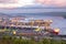 Murmansk, Russia - July 1, 2019: Panorama northern city. Cargo Port gulf of sea. Blue sky