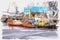 Murmansk, winter, snowfall. Sea Cargo Port. Imitation of a picture. Oil paint. Illustration