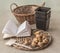 Muscari bulbs and garden pots. Shallow depth of field