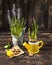 Muscari flowers in a pot, yellow tulips, scissors, seeds and a yellow watering can on a dark wooden background.