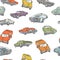 Muscle car seamless pattern. Jumping rally car, oldschool cars print. Vector illustration