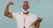 Muscle, coach and black man with clipboard in studio for training, exercise and fitness. Sports, personal trainer and