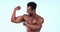Muscle, flex and black man in studio for fitness, bodybuilder training and exercise for strength. Sports, gym and