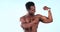 Muscle, flex and face of black man in studio for fitness, bodybuilder training and exercise for strength. Sports, gym