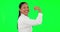 Muscle flex, woman and green screen for business power, success and winning with fist, yes or fight. Strong, arm and