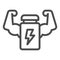 Muscle hands with bottle line and solid icon. Protein energy drink and arms symbol, outline style pictogram on white