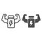 Muscle hands with bottle line and solid icon. Protein energy drink and arms symbol, outline style pictogram on white