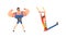 Muscled Man and Acrobat Hanging on Aerial Bar as Traveling Chapiteau Circus Vector Set