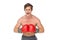 Muscly man wearing red boxing gloves and shouting