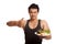 Muscular Asian man thumbs up with clean food