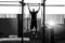 Muscular bearded man training his biceps and back in gym. Pull-ups. Workout lifestyle concept.