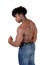 Muscular black man standing shirtless from the back