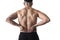 Muscular body sport man holding sore low back waist massaging with his hand suffering pain