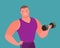 Muscular bodybuilder lifts heavy dumbbell. Gym, cartoon vector illustration