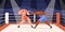 Muscular boxers fighting on boxing ring. Sparring of strong fighters in shorts and gloves on sports arena. Fighter