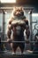 muscular cat athlete bodybuilder trains with barbell in gym. Generative AI illustration