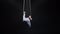 Muscular circus aerialist on the aerial straps in black studio