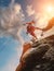 Muscular climber man in protective helmet abseiling from cliff rock wall using rope Belay device and climbing harness on evening