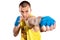 Muscular kickbox or muay thai fighter punching, isolated on white background. Ukrainian fighter. Ukraine. Blue, Yellow